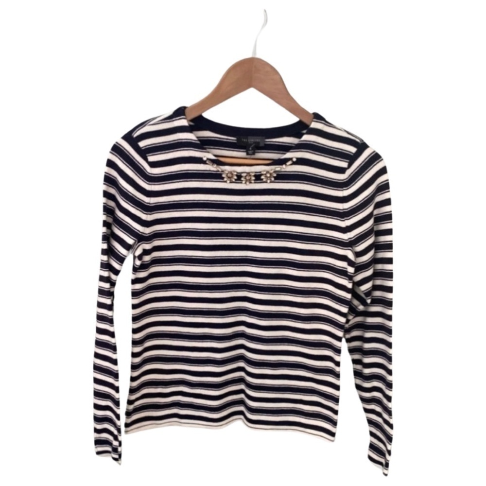 The Limited Navy Blue Striped Jewel Neck Sweater Top NWT Size SP